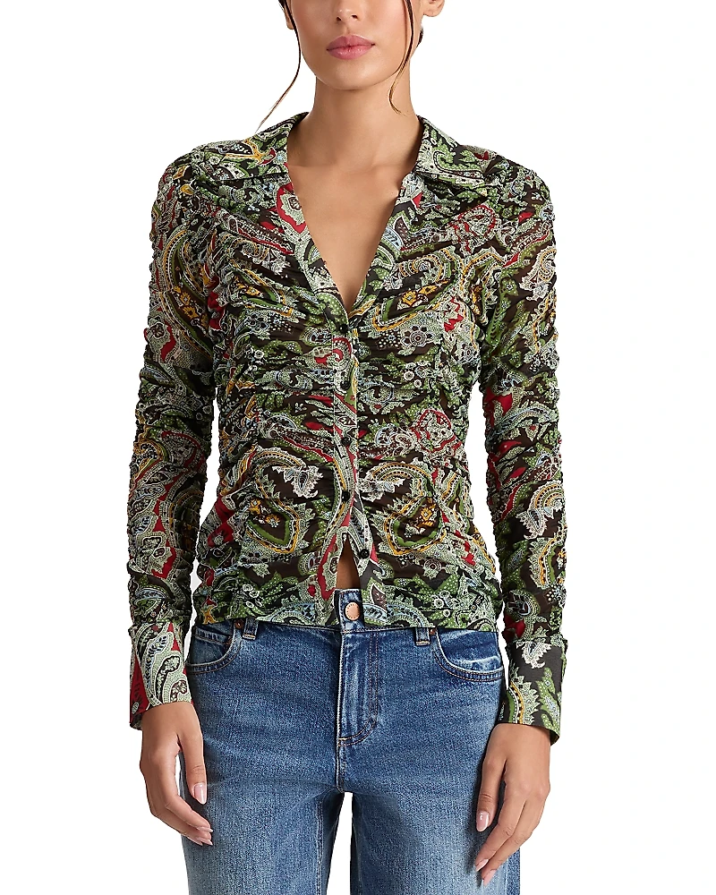 Alice and Olivia Portia Paisley Ruched Mesh Top