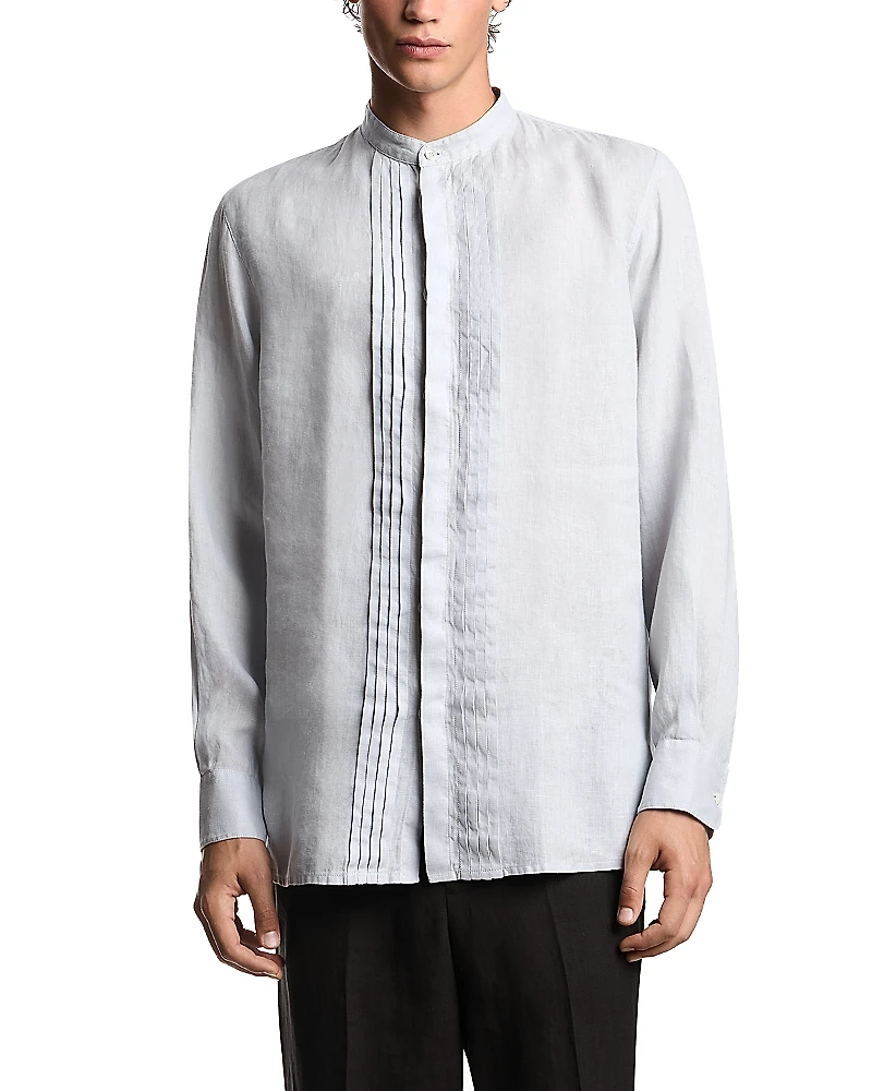 Emporio Armani Garment Dyed Linen Guru Collar Regular Fit Button Down Shirt
