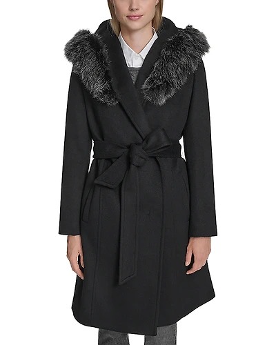 Cole Haan Single Breasted Faux Fur Hooded Coat