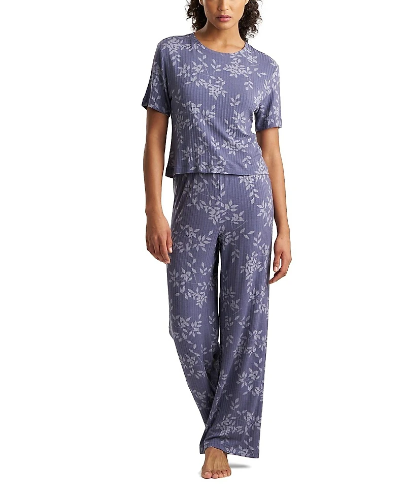 Natori Aria Printed Rib Effortless Short Sleeve Top and Pant Set