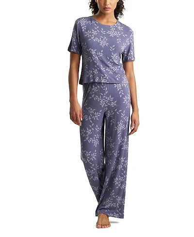 Natori Aria Printed Rib Effortless Short Sleeve Top and Pant Set