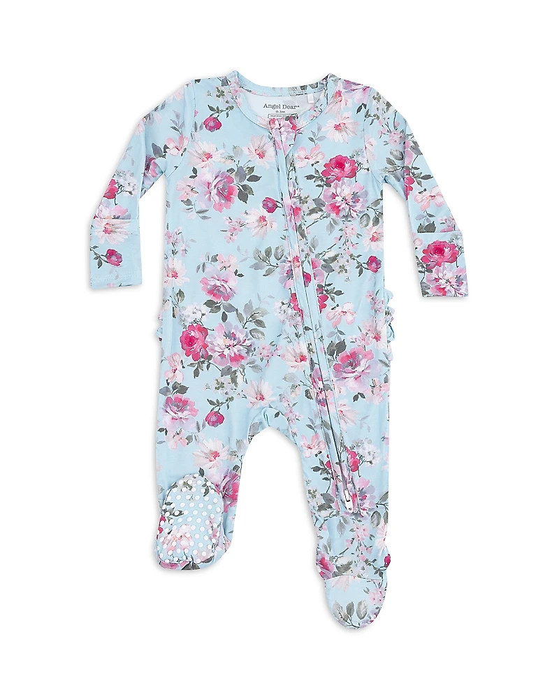 Angel Dear Girls' Charlotte Floral Print 2 Way Zipper Ruffled Back Footie - Baby
