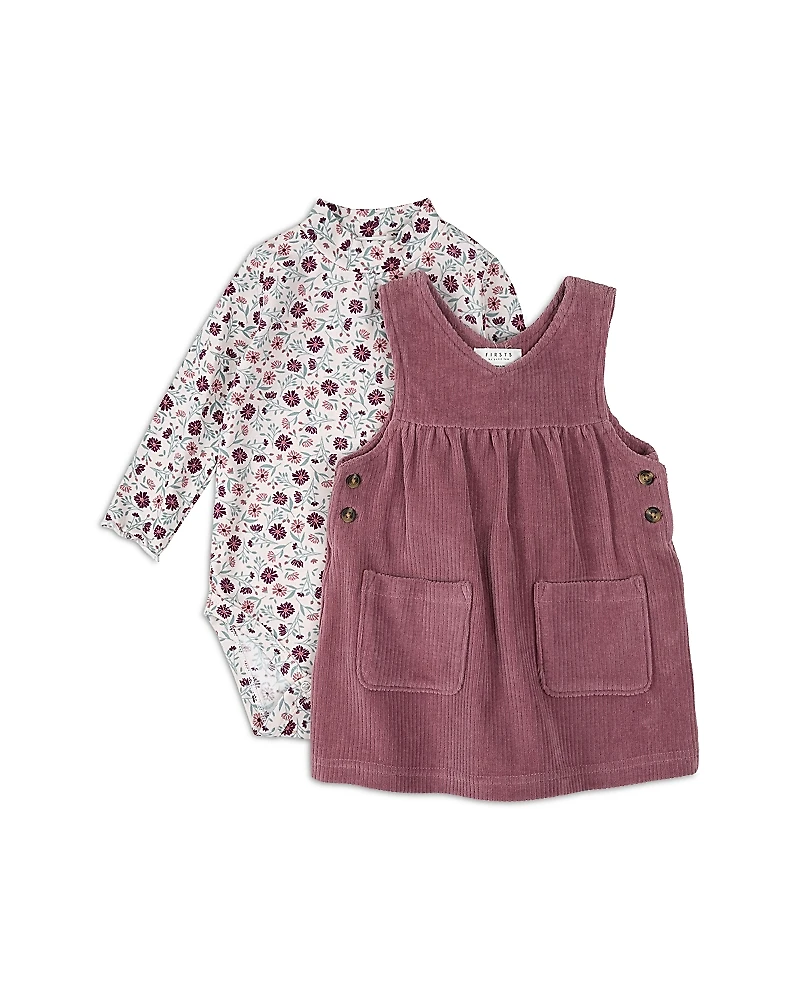 Firsts by petit lem Girls' Floral Print Bodysuit & Corduroy Overall Dress Set - Baby