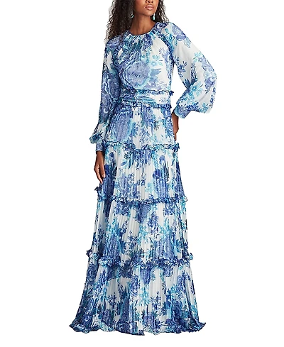 Tadashi Shoji Atlas Pleated Floral Print Gown