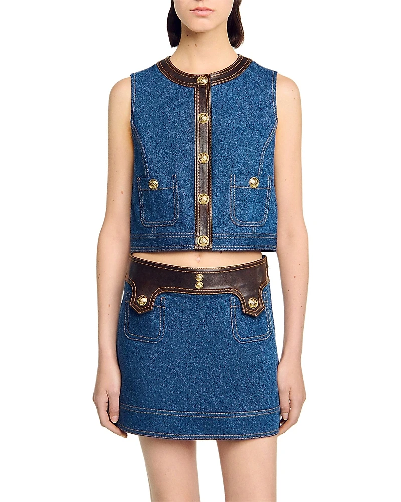 Sandro Leather Trim Denim Vest