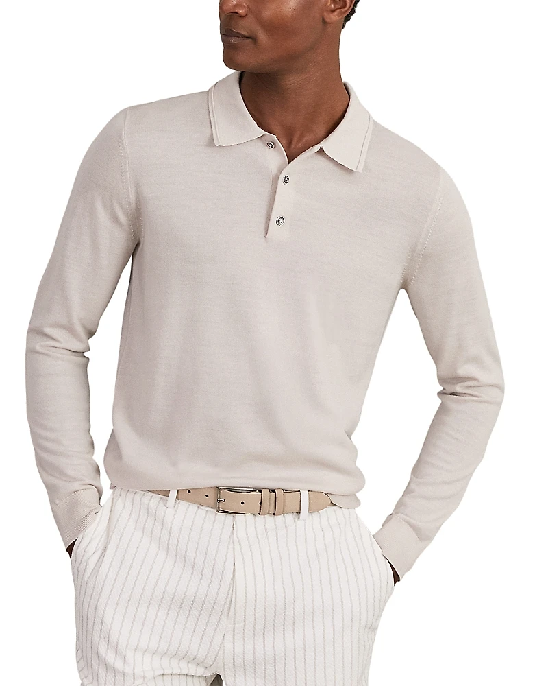 Reiss Trafford Long Sleeved Half Button Merino Wool Polo