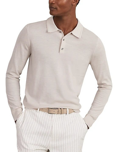 Reiss Trafford Long Sleeved Half Button Merino Wool Polo
