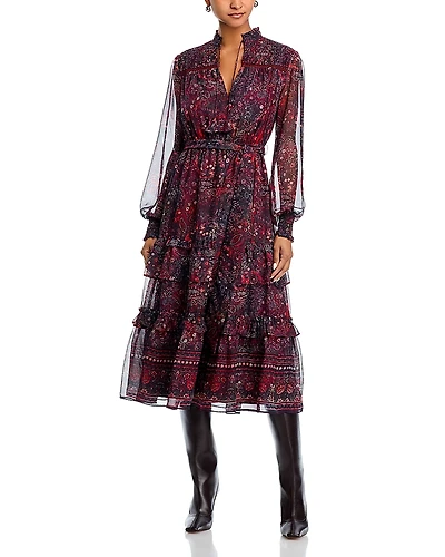 Aqua Long Sleeve Paisley Border Dot Midi Dress - Exclusive