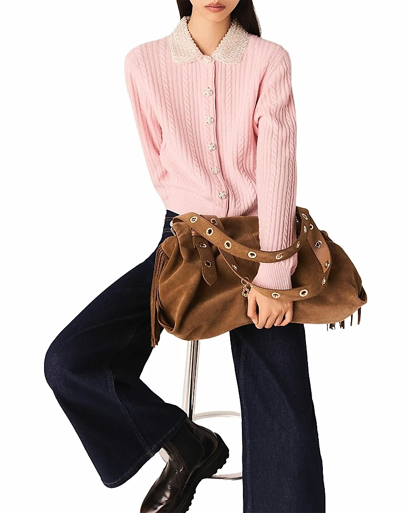 Maje Mini Embellished Cable Knit Cardigan