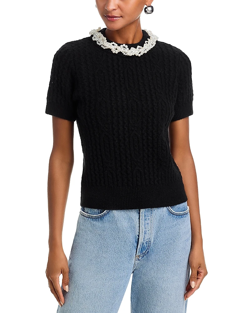 Aqua Faux Pearl Embellished Short Sleeve Sweater