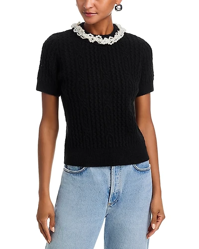 Aqua Faux Pearl Embellished Short Sleeve Sweater