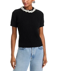 Aqua Faux Pearl Embellished Short Sleeve Sweater