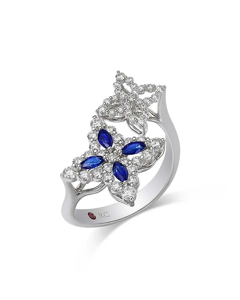 Roberto Coin 18K White Gold Diamond Princess Outline Blue Sapphire & Diamond Flower Bypass Ring