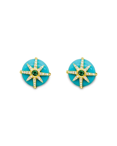 Meira T 14K Yellow Gold Turquoise, Emerald, & Diamond Stud Earrings
