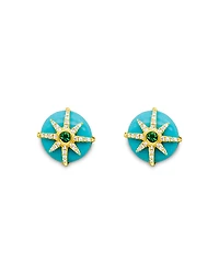 Meira T 14K Yellow Gold Turquoise, Emerald, & Diamond Stud Earrings