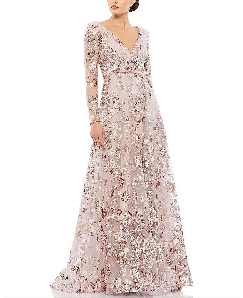Mac Duggal Embellished V Neck Illusion Long Sleeve A Line Gown