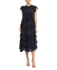 Mac Duggal High Neck Ruffle Mesh Midi Dress