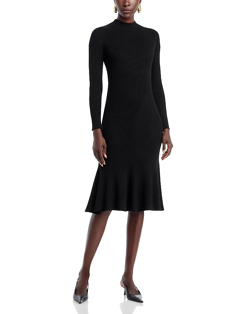 T Tahari Long Sleeve Mock Neck Rib Flare Dress
