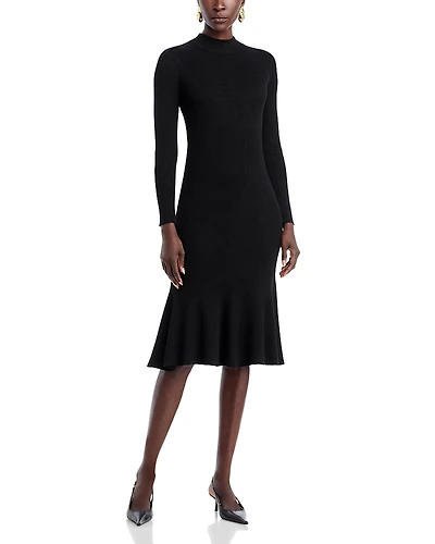 T Tahari Long Sleeve Mock Neck Rib Flare Dress