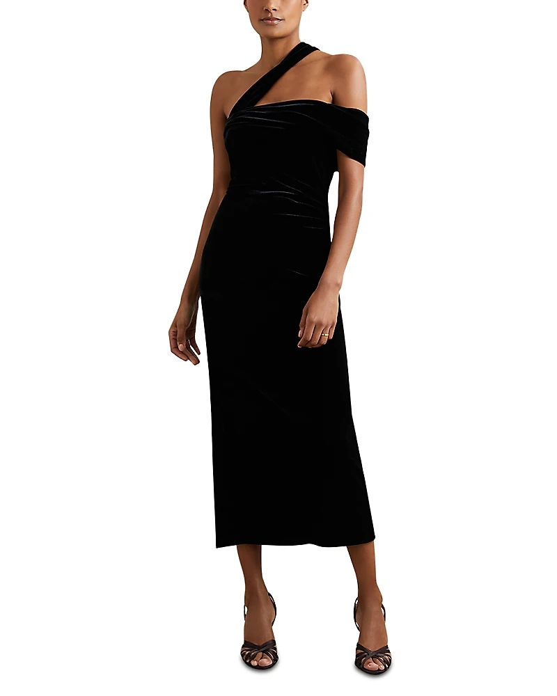 Reiss Dalia Velvet One Shoulder Midi Dress