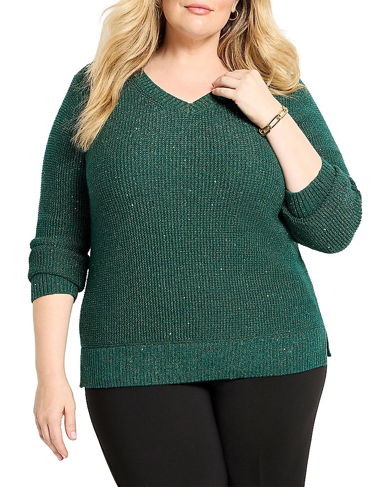 Nic+Zoe Plus Shimmer Waffle V-Neck Sweater