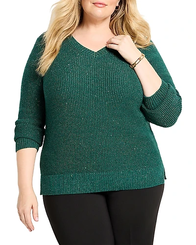 Nic+Zoe Plus Shimmer Waffle V-Neck Sweater