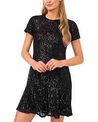 CeCe Short Sleeve Sequin Godet Dress