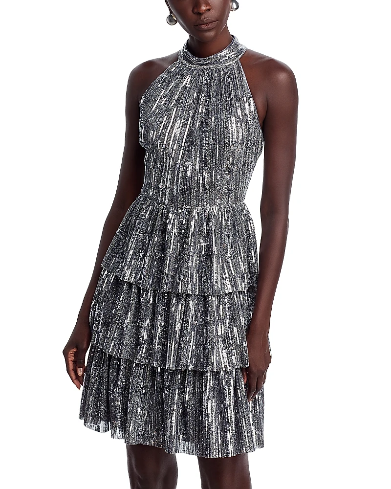 Eliza J Sequin Mock Neck Tiered Dress