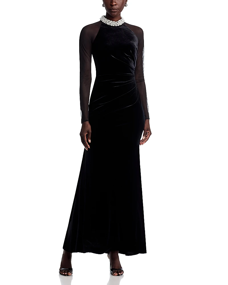 Eliza J Necklace Collar Illusion Sleeve Velvet Gown