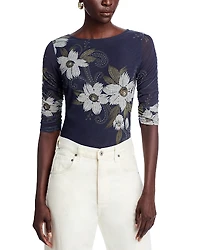 Johnny Was Ruched Sleeve Mesh Tee