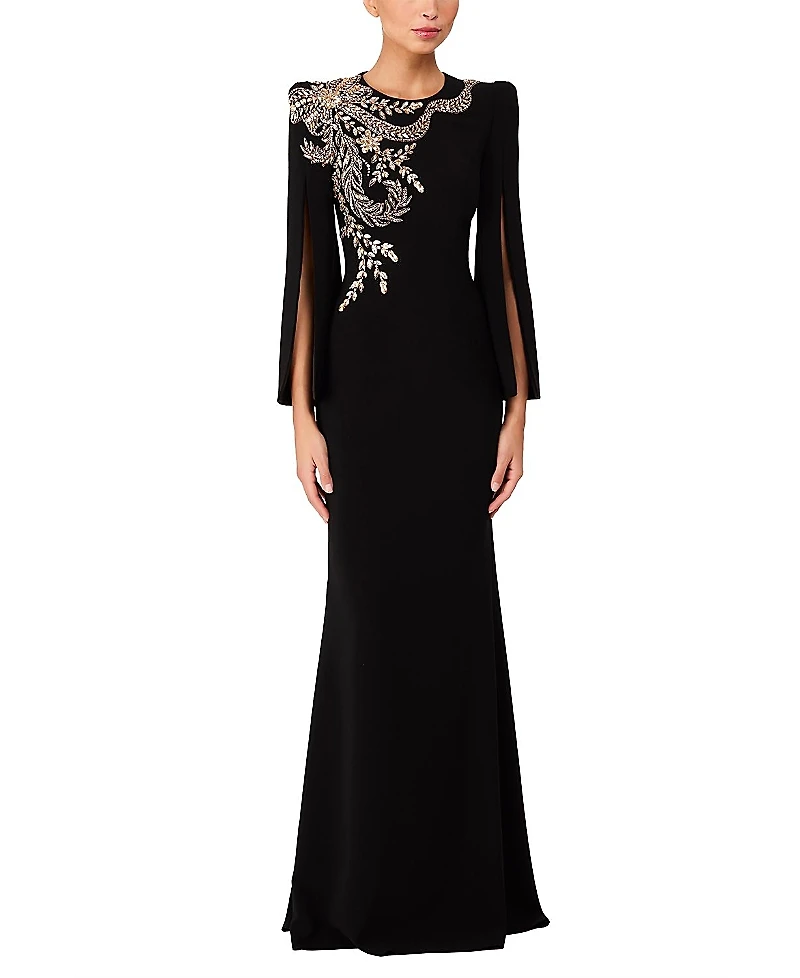Jenny Packham Precious Floral-Embellished Slit-Sleeve Maxi Dress