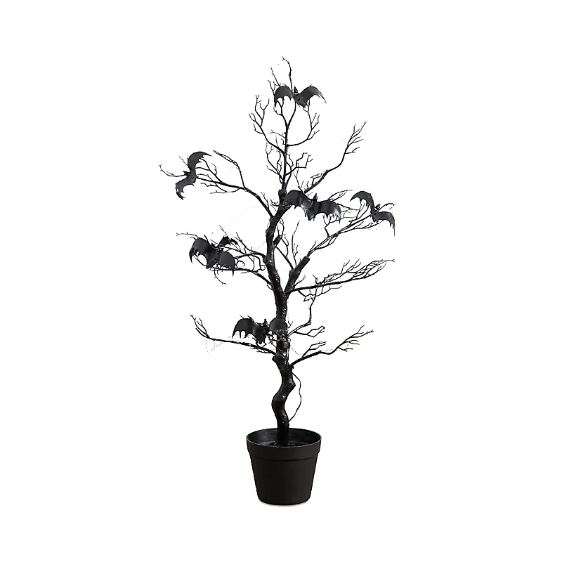 Nearly Natural 3' Pre-Lit Artificial Halloween Black Spooky Twig Tree with Bats and 100 Orange & Purple Led Lights
