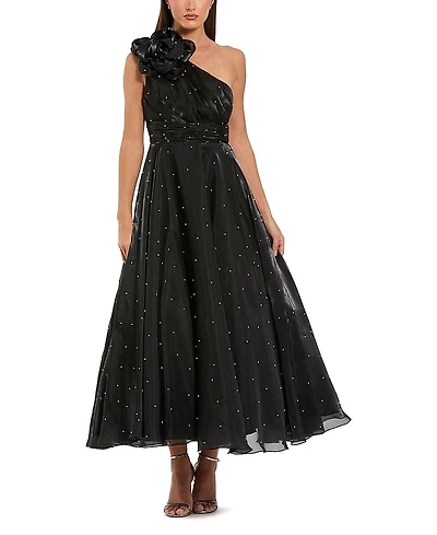 Mac Duggal Pearl Beaded Organza One Shoulder Midi Dress