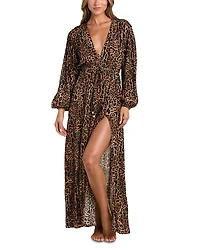 L'Agence Sara Patch Leopard Long Sleeve Maxi Dress Swim Cover-Up