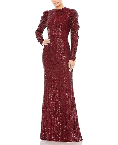 Mac Duggal Sequined High Neck Puff Long Sleeve Column Gown