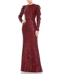 Mac Duggal Sequined High Neck Puff Long Sleeve Column Gown