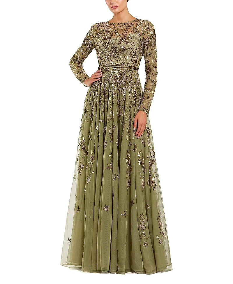 Mac Duggal Long Sleeve Hand Embellished Floral A-line Gown
