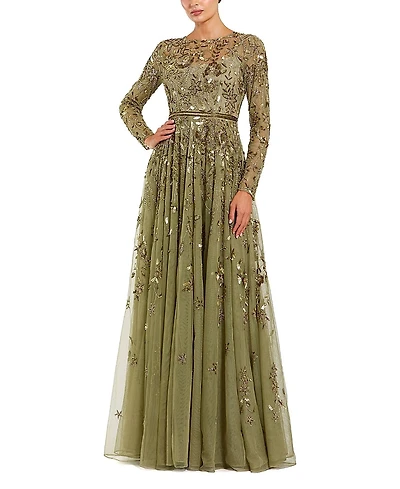 Mac Duggal Long Sleeve Hand Embellished Floral A-line Gown