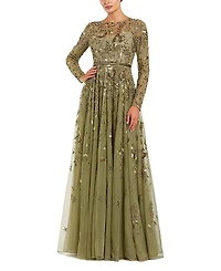 Mac Duggal Long Sleeve Hand Embellished Floral A-line Gown