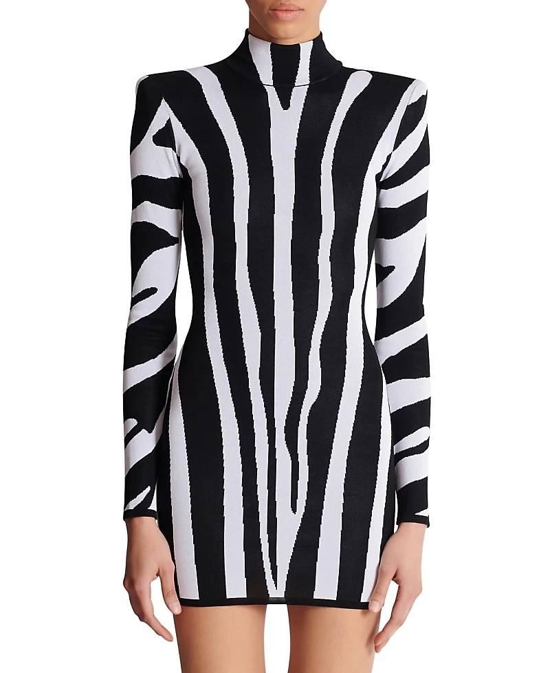 Balmain Short Knit Dress with Zebra Intarsia