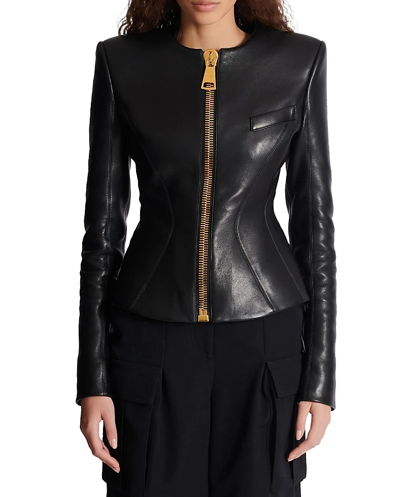 Balmain Cropped Peplum Lambskin Jacket