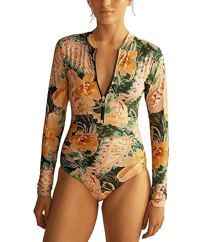 Aur OceA Ibisco Ruched Long Sleeve One Piece
