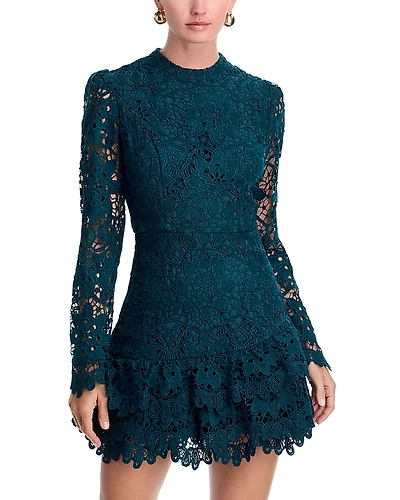 Aqua Lace Long Sleeve Flounce Mini Dress - Exclusive
