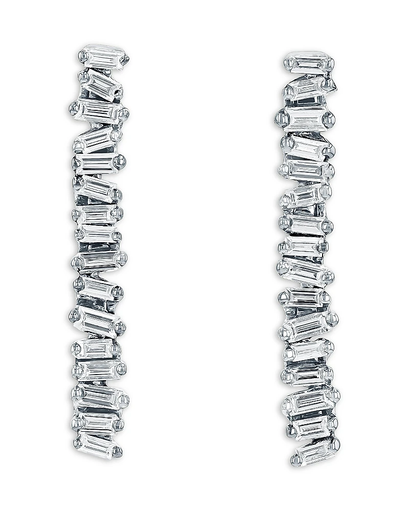 Suzanne Kalan 18K White Gold Classic Diamond Baguette Linear Baby Tennis Earrings