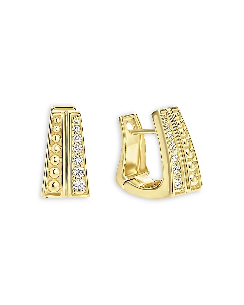 Lagos 18K Yellow Gold Caviar Gold Diamond Double Row Huggie Hoop Earrings