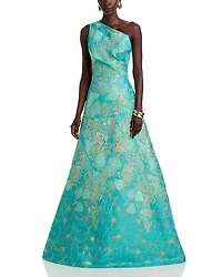 Teri Jon by Rickie Freeman One Shoulder Metallic Jacquard Gown