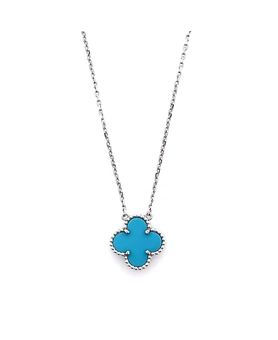 Pre-Owned Van Cleef & Arpels Vintage Alhambra Pendant Necklace 18K White Gold and Turquoise, 14.5 - 16.25"