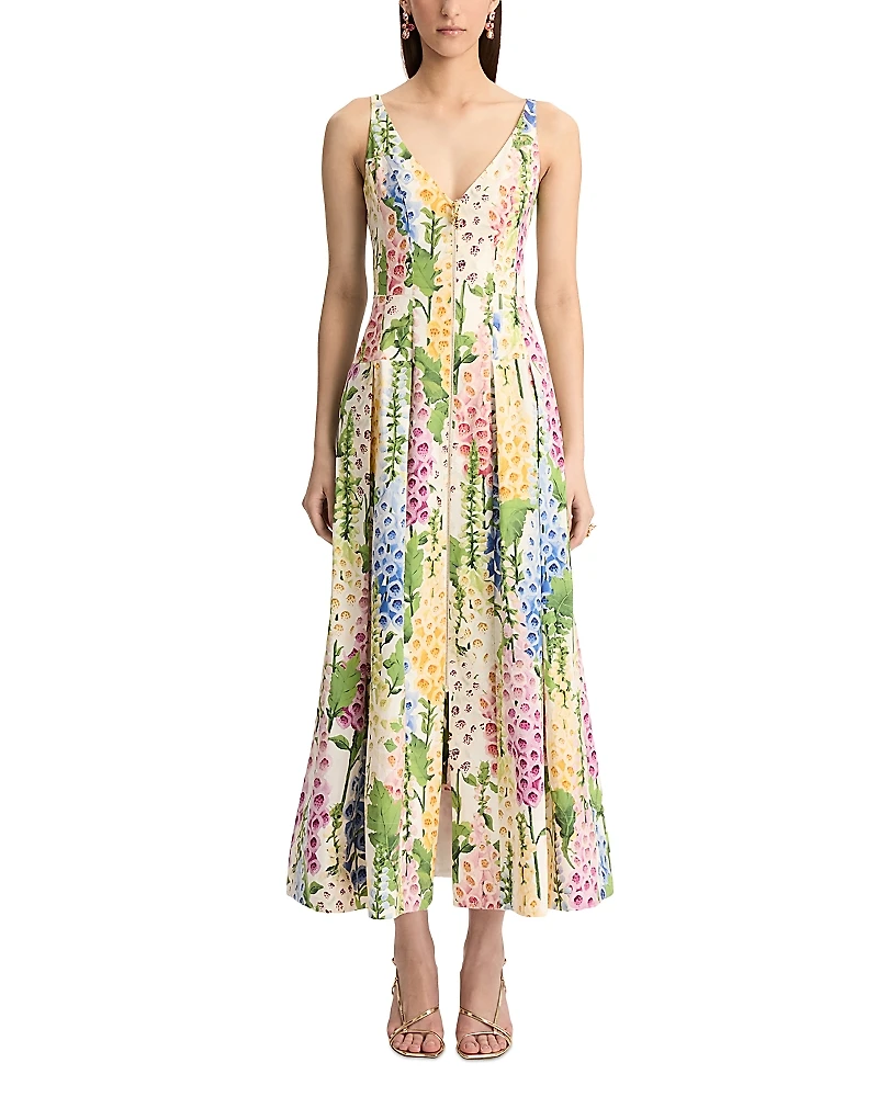 Oscar de la Renta Foxglove Print V Neck Sleeveless Dress