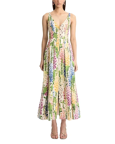 Oscar de la Renta Foxglove Print V Neck Sleeveless Dress