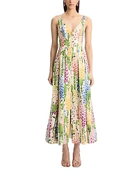 Oscar de la Renta Foxglove Print V Neck Sleeveless Dress